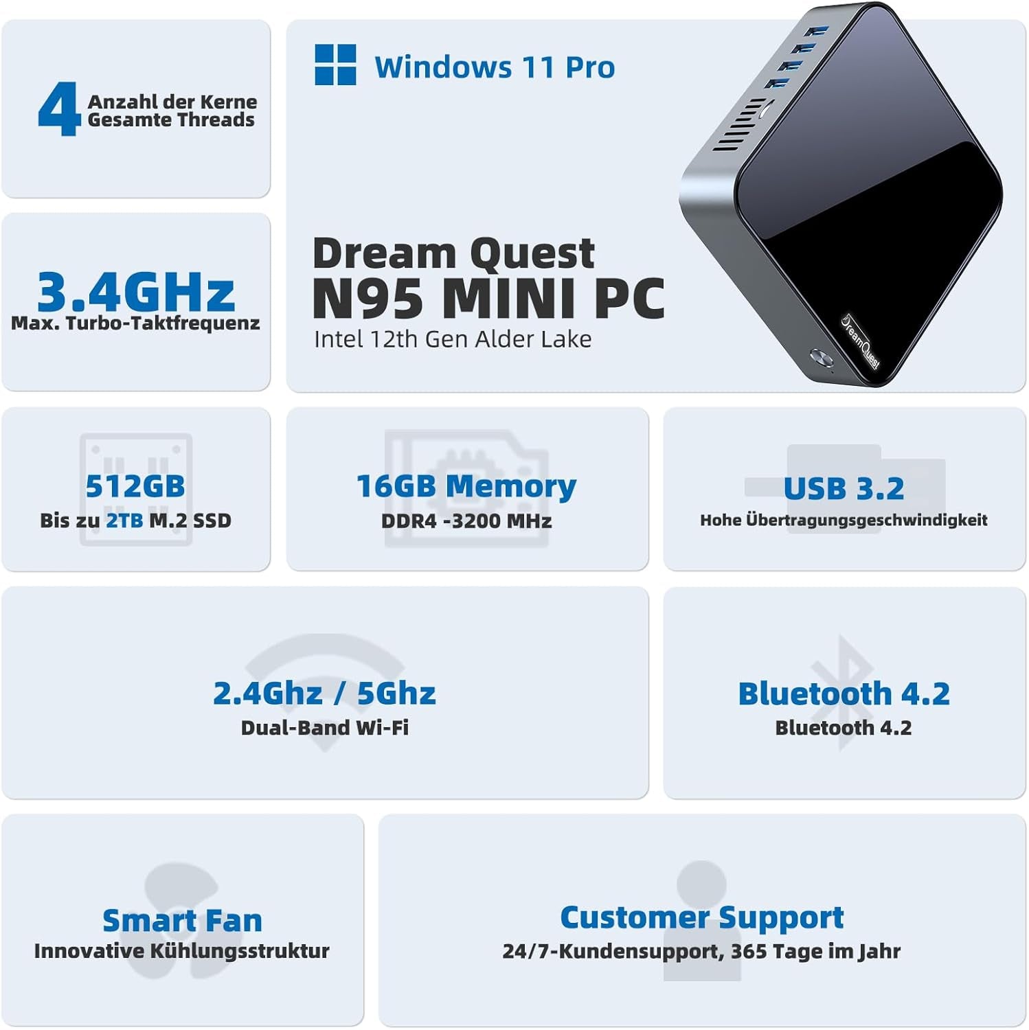 Dreamquest Mini PC Windows 11 Pro Vorinstalliert Intel 12.Gen N95(Bis Zu 3,4Ghz) 16GB DDR4 RAM 512GB